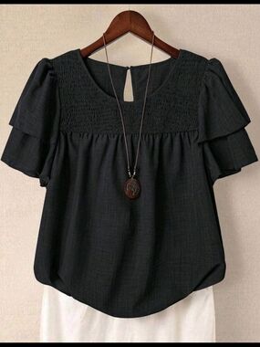 Women's Black Smocked Yoke Flutter Sleeve Top. NWT